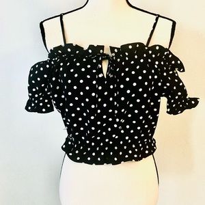Divided by H&M Black & White Ruffle Polka Dot Crop Top Small